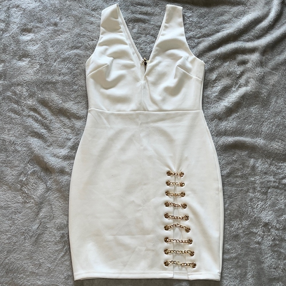 FASHION NOVA White Let’s Link Up Chain Dress